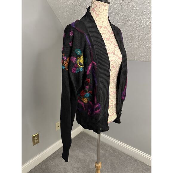 Vintage 90s Black Floral Embroidered Sweater Sz Medium Boho Anthro Vibes Grannie - Picture 4 of 12